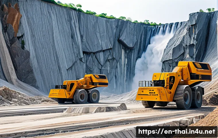태국의 석재 산업 - A high-resolution image of a modern stone quarry featuring advanced extraction technology: prominent...