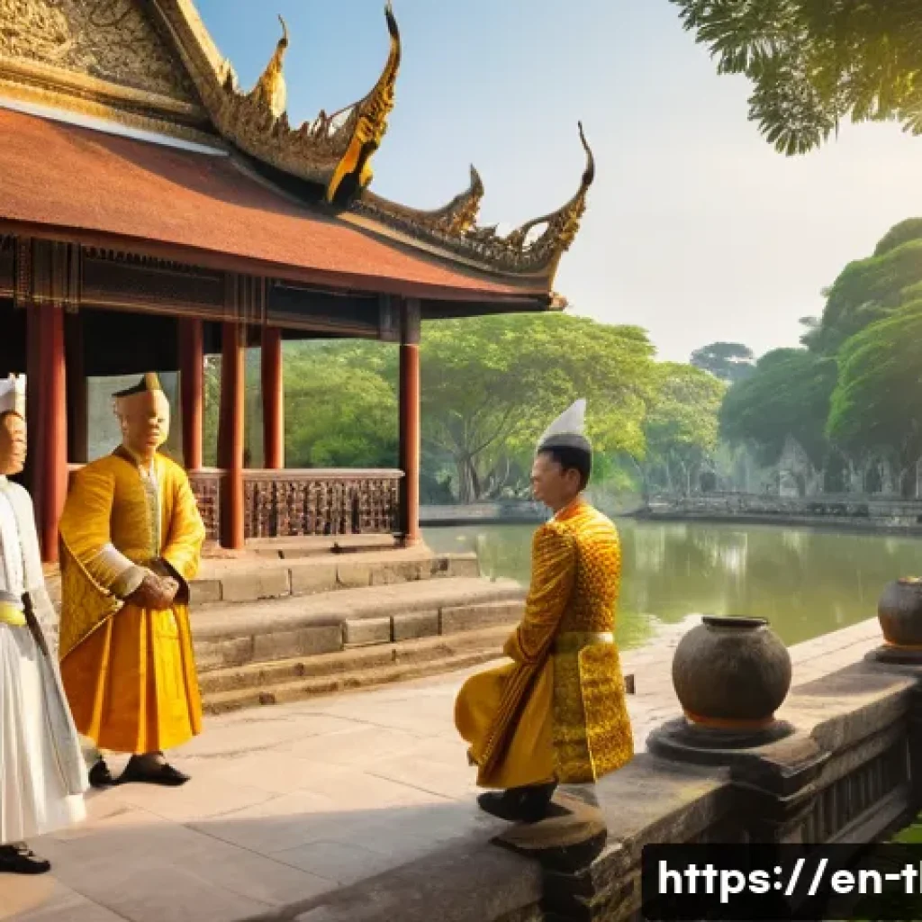 태국 전쟁 역사 - A detailed historical scene depicting Siamese envoys dressed in traditional 17th-century Ayutthaya r...
