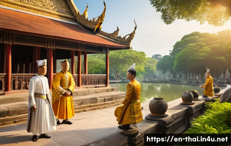 태국 전쟁 역사 - A detailed historical scene depicting Siamese envoys dressed in traditional 17th-century Ayutthaya r...