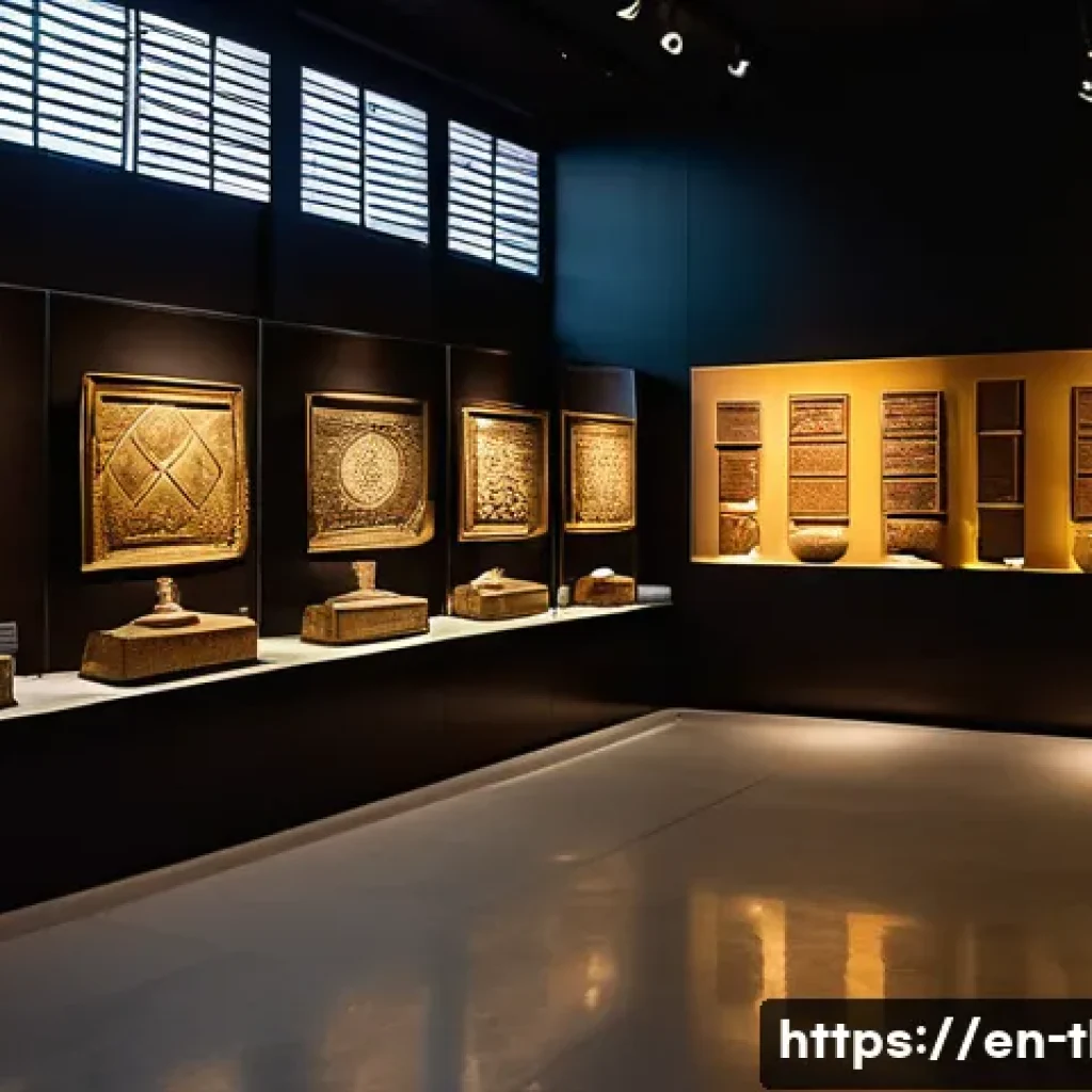 태국의 국립 박물관 - A detailed museum interior scene showcasing an ancient Thai archaeological exhibit, featuring intric...