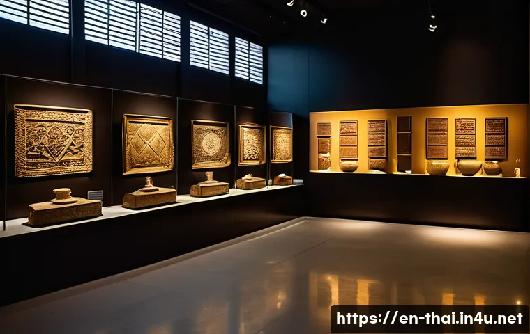 태국의 국립 박물관 - A detailed museum interior scene showcasing an ancient Thai archaeological exhibit, featuring intric...