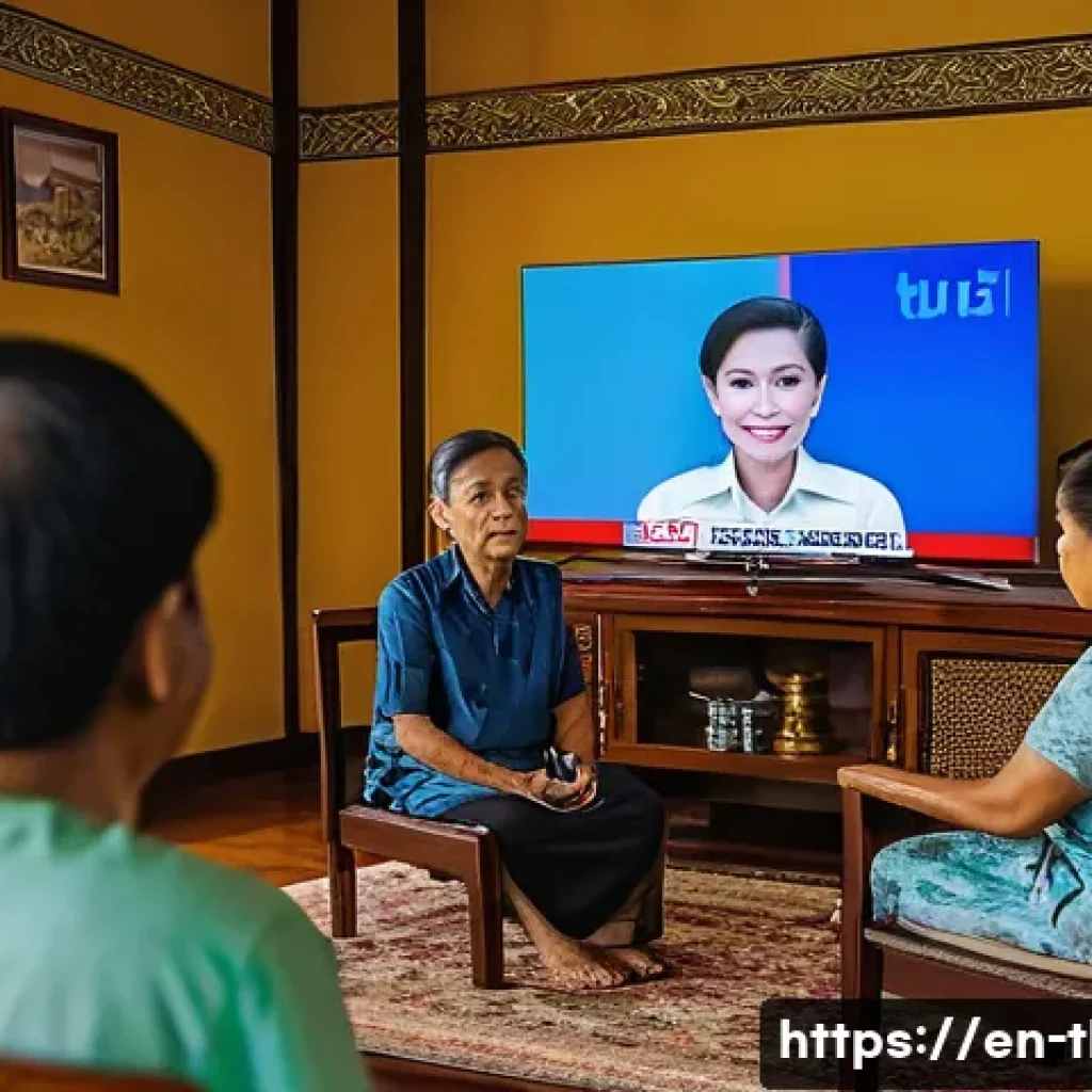 태국의 대중 매체 영향력 - A vibrant rural Thai living room scene during evening, featuring a multi-generational family attenti...
