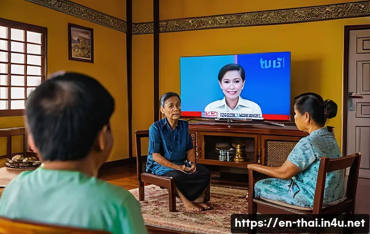 태국의 대중 매체 영향력 - A vibrant rural Thai living room scene during evening, featuring a multi-generational family attenti...