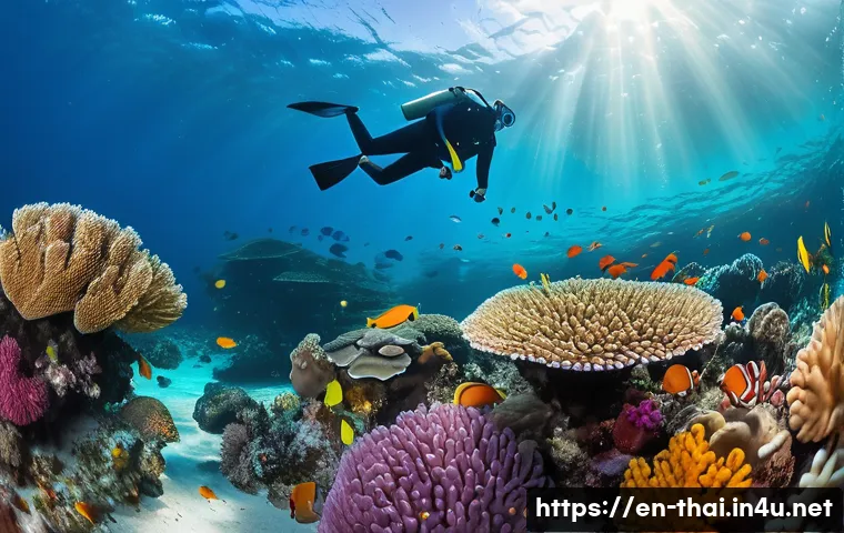 태국에서 다이빙 배우기 - A vibrant underwater scene in the clear tropical waters off Phuket, Thailand, showcasing a diverse c...