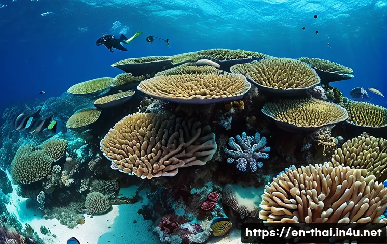 태국의 해양 생물 체험 - A vibrant underwater scene in the Similan Islands showcasing a dense coral reef garden with diverse ...