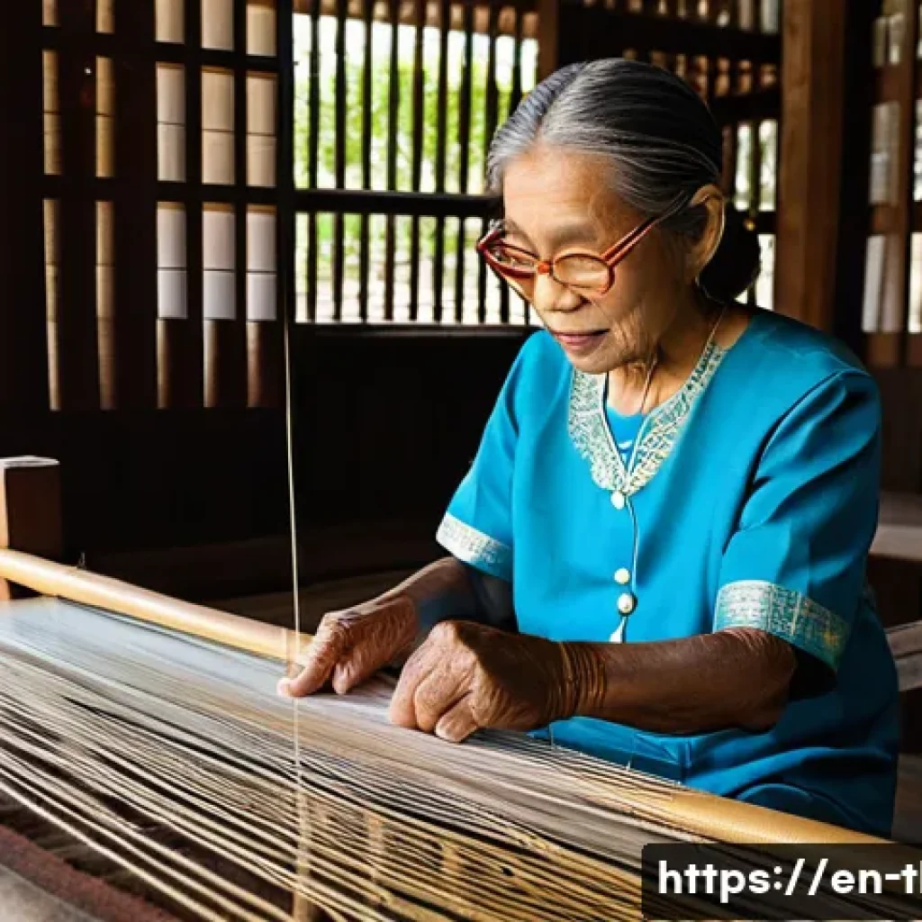 태국의 전통 직물 - A serene scene inside a traditional Northern Thai weaving workshop, featuring an elderly woman artis...