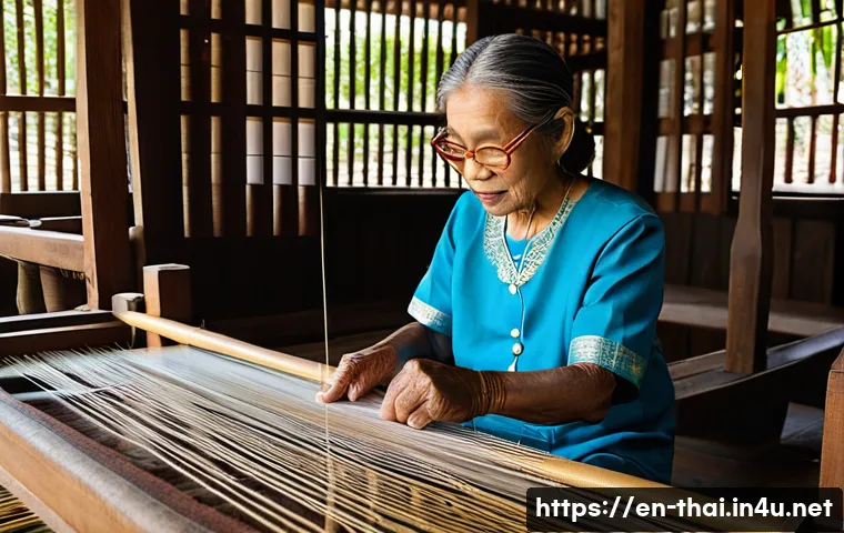 태국의 전통 직물 - A serene scene inside a traditional Northern Thai weaving workshop, featuring an elderly woman artis...
