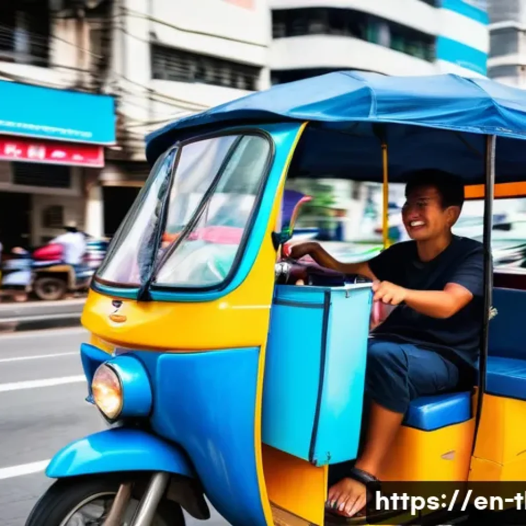 태국에서의 교통수단 - A vibrant street scene in Bangkok featuring a colorful tuk-tuk with a cheerful local driver wearing ...