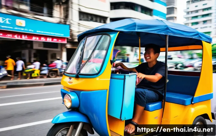 태국에서의 교통수단 - A vibrant street scene in Bangkok featuring a colorful tuk-tuk with a cheerful local driver wearing ...