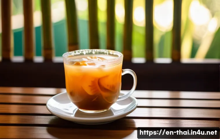 태국의 전통차와 그 효능 - A vibrant, cozy Thai teahouse scene in Chiang Mai featuring a rustic wooden table with a steaming cu...