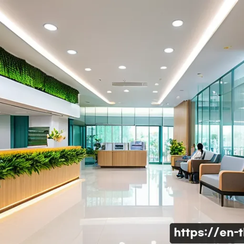 태국 건강 보험 제도 - A modern private hospital reception area in Bangkok, Thailand, bustling with diverse international p...
