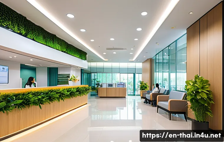 태국 건강 보험 제도 - A modern private hospital reception area in Bangkok, Thailand, bustling with diverse international p...