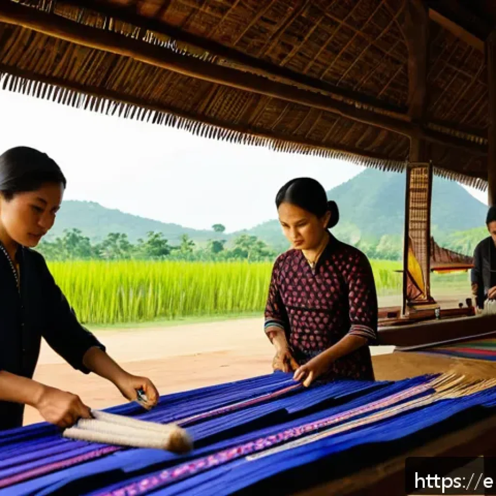 태국의 공예품 수출 - A vibrant artisan workshop in a rural Thai village, showcasing skilled craftsmen and craftswomen wea...