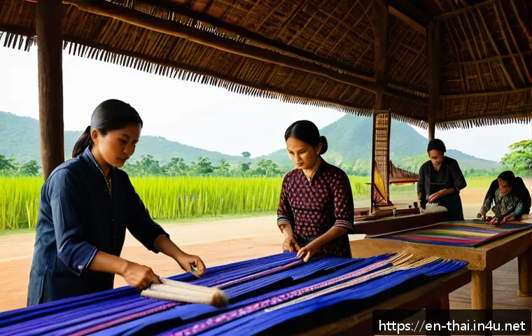 태국의 공예품 수출 - A vibrant artisan workshop in a rural Thai village, showcasing skilled craftsmen and craftswomen wea...