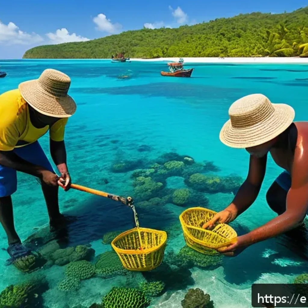 태국의 해양 생물 보전 - A vibrant coastal village scene showing local fishermen in eco-friendly attire actively participatin...