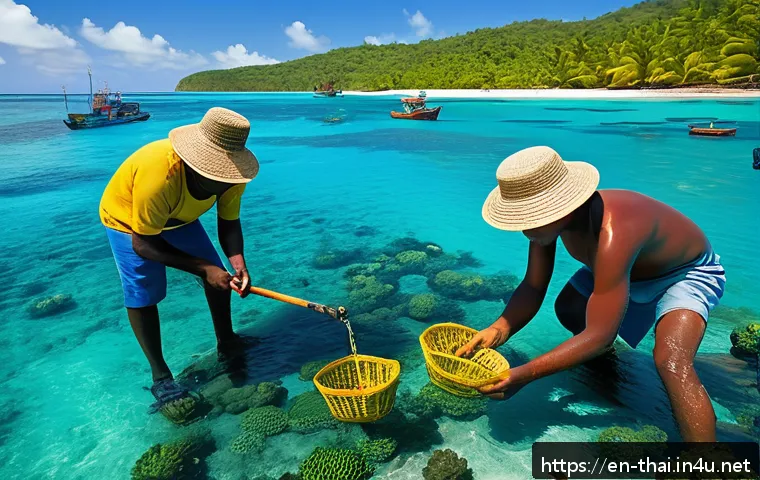 태국의 해양 생물 보전 - A vibrant coastal village scene showing local fishermen in eco-friendly attire actively participatin...