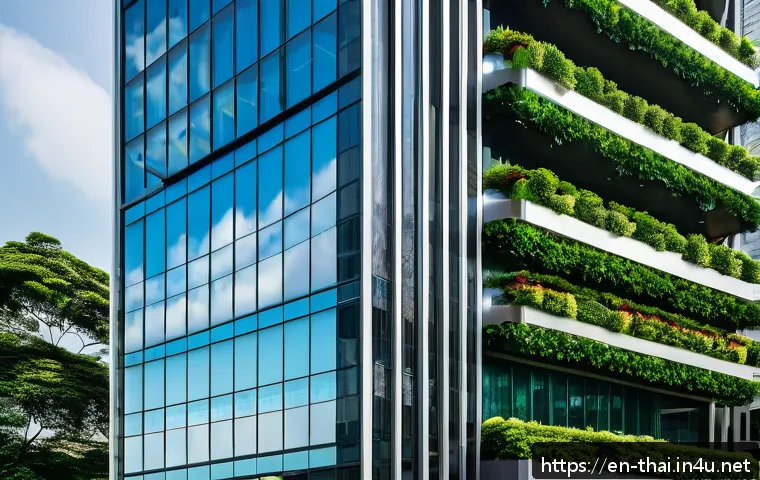 태국의 건축학 연구 - A sleek modern skyscraper in Bangkok with a reflective glass fa&ccedil;ade subtly embossed with intricate t...