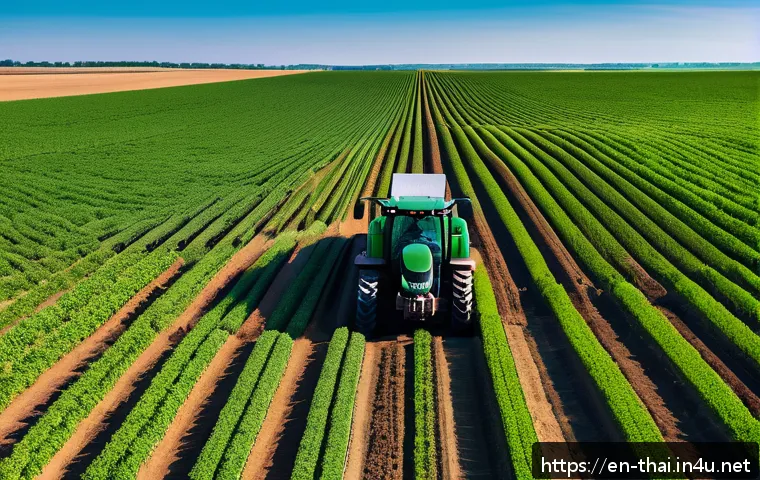 태국의 스마트 농업 - A modern precision agriculture scene showing a medium-scale farm in the American Midwest with a GPS-...