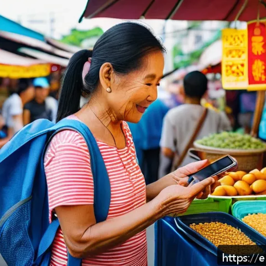 태국에서의 모바일 결제 - A vibrant street market scene in Thailand showcasing a diverse group of people using mobile payment ...