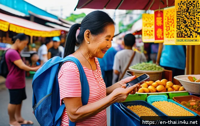 태국에서의 모바일 결제 - A vibrant street market scene in Thailand showcasing a diverse group of people using mobile payment ...