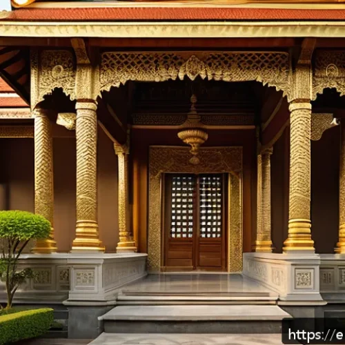 Home 32 태국의 건축 양식 - A serene traditional Thai temple exterior at sunrise, showcasing multi-tiered roofs with graceful sw...