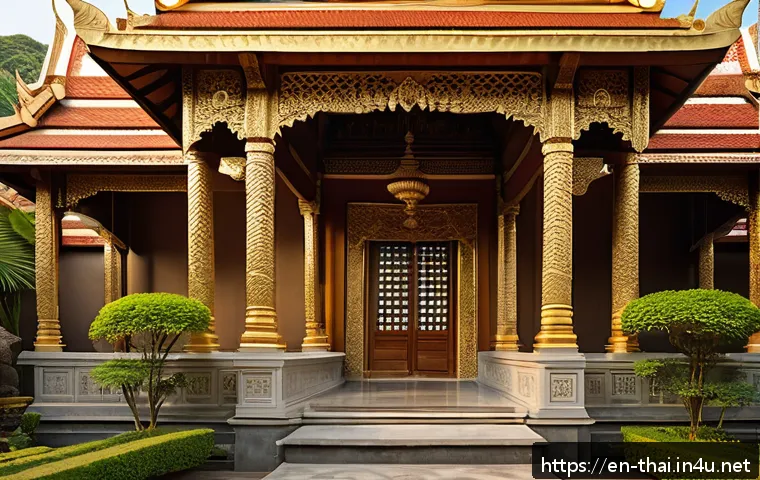 태국의 건축 양식 - A serene traditional Thai temple exterior at sunrise, showcasing multi-tiered roofs with graceful sw...