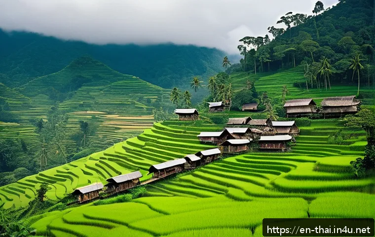 태국의 철도 여행 루트 - A vibrant scene of a traditional Thai hill tribe village viewed from a train window winding through ...