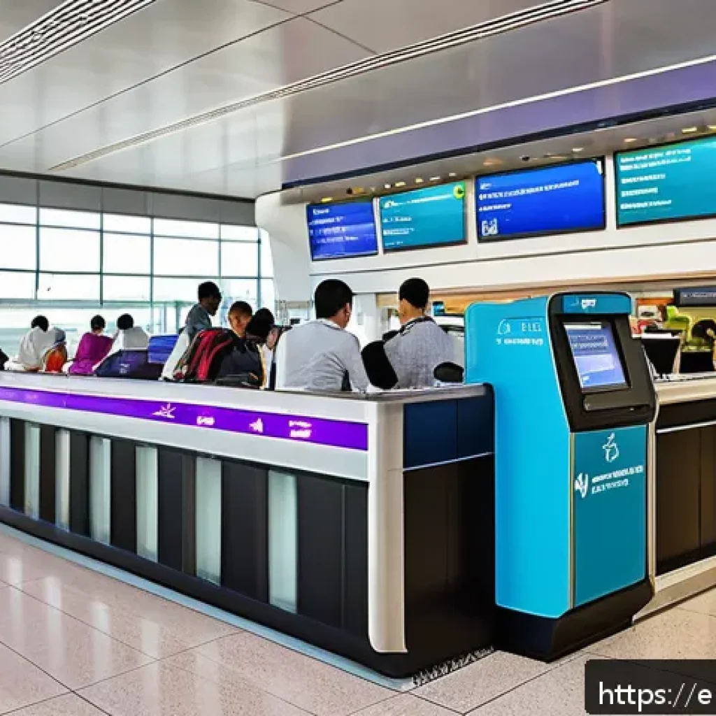 태국 비행기 티켓 예매 - A vibrant airport scene showing the contrast between a bustling full-service airline check-in counte...