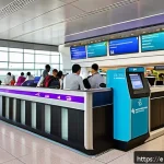 Home 23 태국 비행기 티켓 예매 - A vibrant airport scene showing the contrast between a bustling full-service airline check-in counte...