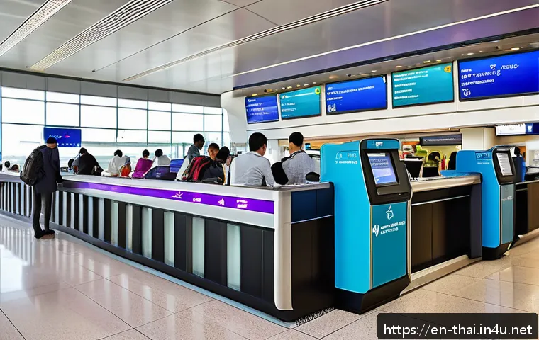 태국 비행기 티켓 예매 - A vibrant airport scene showing the contrast between a bustling full-service airline check-in counte...