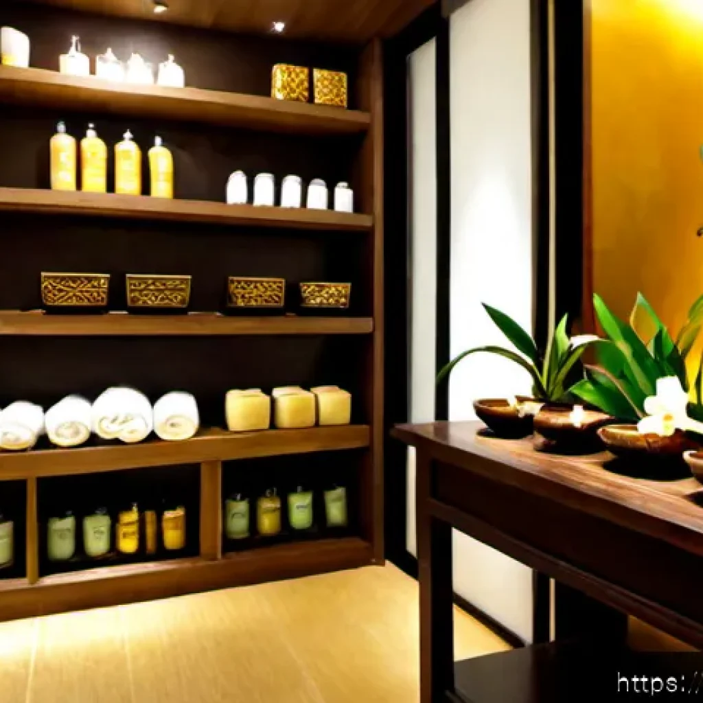 태국 인기 스파 브랜드 - Photorealistic luxury Thai spa boutique interior, elegant display of unbranded herbal massage oils, ...