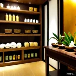 태국 인기 스파 브랜드 - Photorealistic luxury Thai spa boutique interior, elegant display of unbranded herbal massage oils, ...