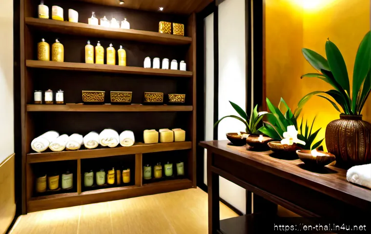 태국 인기 스파 브랜드 - Photorealistic luxury Thai spa boutique interior, elegant display of unbranded herbal massage oils, ...