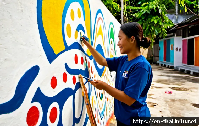 Home 17 태국의 예술 프로젝트 참여 - Photorealistic documentary-style scene of an international volunteer and Thai local artists collabor...