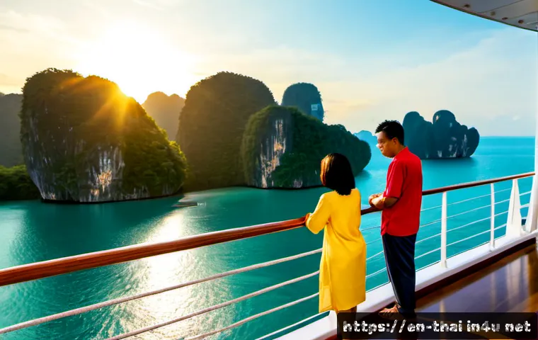 태국의 크루즈 여행 경험 - Photorealistic travel scene on a luxury cruise ship sailing through Thailand’s emerald Andaman Sea, ...