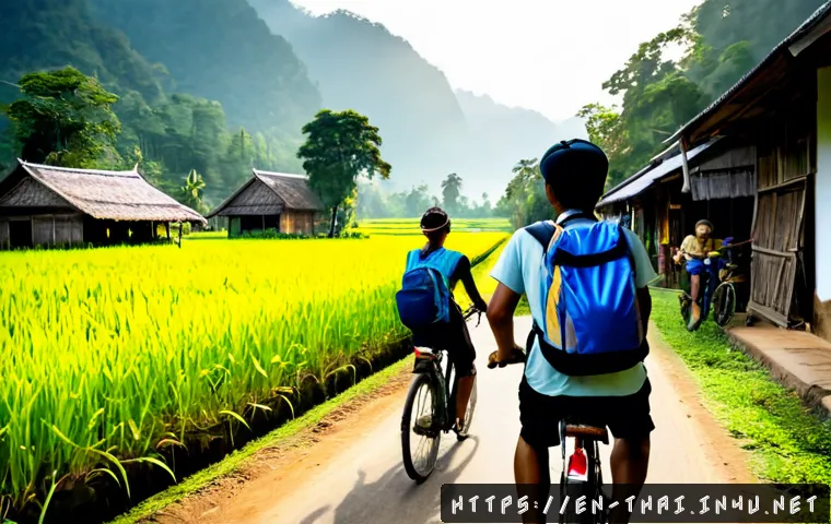 태국의 새로운 여행 트렌드 - Photorealistic sustainable travel scene in northern Thailand, a small group of diverse adult travele...