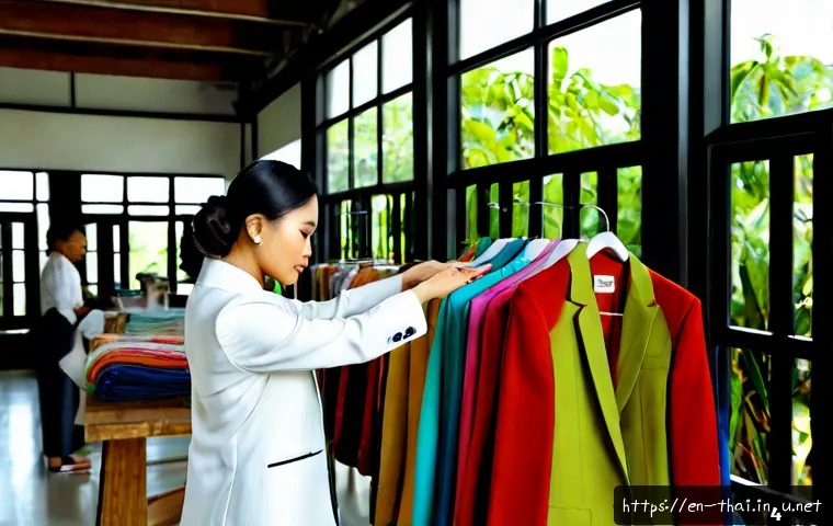 태국의 패션 산업 - Photorealistic editorial scene inside a contemporary Bangkok fashion design studio, a diverse team o...
