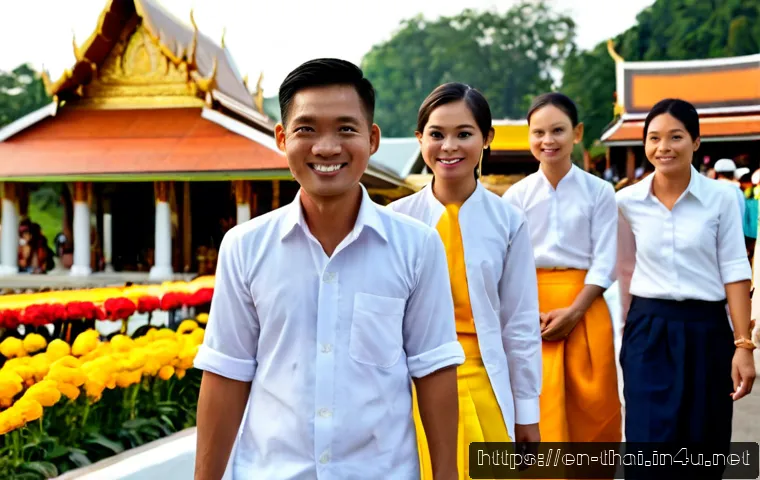 태국의 로컬 축제 참여 - Photorealistic documentary-style scene of international travelers joining a welcoming local Thai tem...