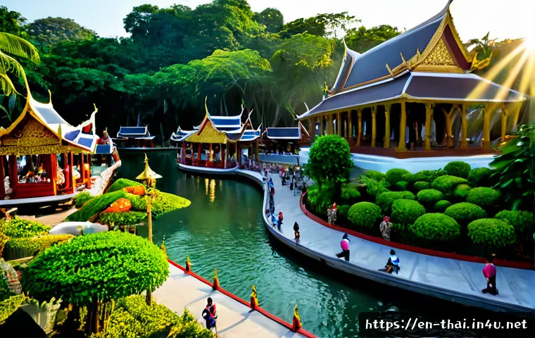 Home 17 태국의 축제 테마 파크 - Photorealistic wide-angle view of a Thailand festival theme park at golden hour, ornate Thai-style p...