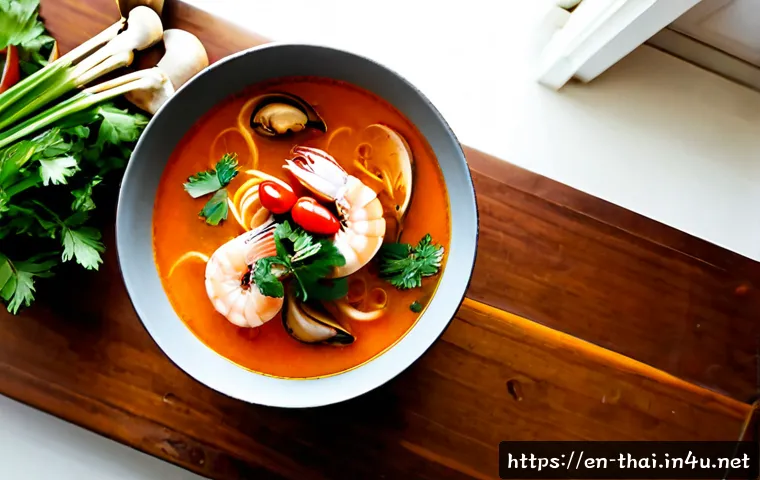 똠얌꿍 레시피 - Photorealistic overhead food photography of a steaming bowl of authentic Thai tom yum goong soup, br...