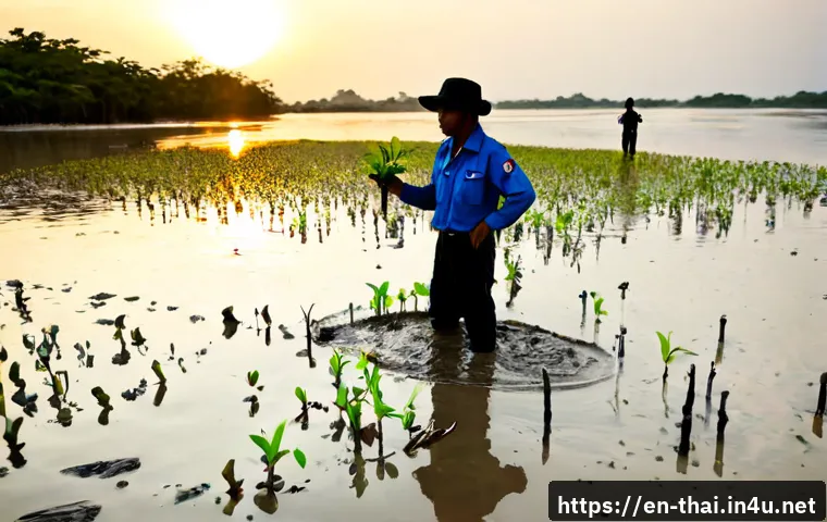 태국에서의 자연 보호 노력 - Photorealistic sunrise scene in a Thai mangrove conservation area, diverse local volunteers in modes...
